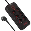 „Maclean“ maitinimo jungtis, 6 lizdų prailgintuvas + 4xUSB, 110-240V AC 50/60Hz, 2.1A max 2500W, 1.5 m, juodas, MCE389 B