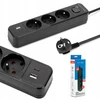Montis Juodas 3 lizdų elektros ilgintuvas su USB 3 m MT185-BK-3