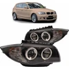 Juodi BMW 1 serijos E81-E88 priekiniai žibintai su angel eyes