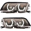 Juodi BMW E46 priekiniai žibintai su angel eyes