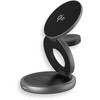 Prestigio „Twist 3-in-1“ belaidė „Qi2“ įkrovimo stotelė, skirta „iPhone“ (15 W), „Apple Watch“ (2,5 W) ir „AirPods“ (5 W), sertifikuota „Qi2“, magnetiniai įkrovimo padėklai su stovo funkcija, sulankstomi, maitinimo adapteris 30 W, USB-C įkrovimo laidas 1 m, kosminės pilkos spalvos