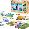 PuzzleOK medinė dėlionė 4 viename gyvūnai galvosūkių rinkinys karvė šunų panda pingvinas