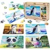 PuzzleOK medinė dėlionė 4 viename gyvūnai galvosūkių rinkinys karvė šunų panda pingvinas