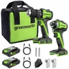 Greenworks 24V CK321 elektrinių įrankių rinkinys: suktuvas, veržliasukis, įkroviklis, 2x 2Ah akumuliatoriai, dėklas