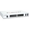 Fortinet FortiSwitch-124F Layer 2 FortiGate switch controller compatible switch with 24x 1G RJ45 and 4x 10G/1G SFP+/SFP jungtys and 1x RJ45 console port. Fanless.