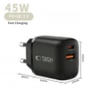 Tech-Protect NCA45W-GAN 2-Port laidinis įkroviklis PD 45W / QC3.0 + Type-C kabelis juodos spalvos