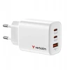 Verbatim GaN Travel Charger Essentials 65W, 2×USB-C PD, 1×USB-A QC, EU Plug, Baltas