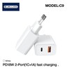 JELLICO sieninis įkroviklis C9 PD 20W 1xUSB-C + 1xUSB QC3.0 Baltas