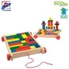 Woody 90007 Eco Wooden Mokomasis vežimėlis su spalvotais blokeliais statybai (34vnt) vaikams nuo 3 metų (20x15cm)