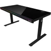 Lorgar Dual-motor sit/stand adjustable-height gaming desk with wireless charger, RGB lighting, control panel, and USB jungtys, solid tempered glass tabletop, juodas.