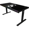 Lorgar Dual-motor sit/stand adjustable-height gaming desk with built-in PC case, wireless charger, RGB lighting, control panel, and USB jungtys, tempered glass tabletop, juodas.