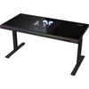 Lorgar Dual-motor sit/stand adjustable-height gaming desk with built-in PC case, wireless charger, RGB lighting, control panel, and USB jungtys, tempered glass tabletop, juodas.
