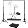 Fotostudijos komplektas su fonu, šviestuvais ir skėčiais