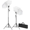 Fotostudijos komplektas su fonu, šviestuvais ir skėčiais