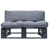 Sodo sofa iš palečių su pilkomis pagalvėlėmis, pušies mediena