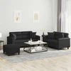 Sofa Sofos komplektas su pagalvėmis, 3 dalių, juodas, dirbtinė oda