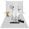 Studijos komplektas su šviestuvais/skėčiais/fonu/reflektoriumi