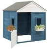 Žaidimų namelis su rakinamomis durimis ir gėlių vazonais, eglė