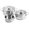 KitchenAid - Nerūdijančio plieno lakštų rinkinys: 20 cm troškintuvas su dangčiu, 24 cm troškintuvas su dangčiu, 16 cm puodas (be dangčio) - sidabro spalvos
