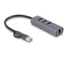 DeLOCK 3 prievadų USB 5 Gbps šakotuvas + Gigabit LAN su USB Type-C, prijungimo stotis (pilka)