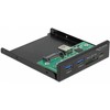 „DeLOCK“ priekinis skydelis 3,5 colio USB 5 Gbps 1 x USB C tipo + 2 x USB A tipo + SD ir „Micro SD“ lizdas, Priekinis skydelis, Metalinis, Juodas, 8,89 cm (3,5 colio), 2 x USB A 3.2 Gen 1, 1 x USB C 3.2 Gen 1, 1 x „Micro SD“ lizdas, 1 x SD lizdas, 1 x 19 kontaktų USB 3.0 jungtis, 1 x SATA 15 kontaktų