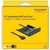 „DeLOCK“ priekinis skydelis 3,5 colio USB 5 Gbps 1 x USB C tipo + 2 x USB A tipo + SD ir „Micro SD“ lizdas, Priekinis skydelis, Metalinis, Juodas, 8,89 cm (3,5 colio), 2 x USB A 3.2 Gen 1, 1 x USB C 3.2 Gen 1, 1 x „Micro SD“ lizdas, 1 x SD lizdas, 1 x 19 kontaktų USB 3.0 jungtis, 1 x SATA 15 kontaktų