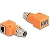 Delock M12 Adapteris A-kodiert 8 Pin Buchse zu RJ45 Buchse Cat.5e mit Befestigungsloch 90° gewinkelt oranžinis