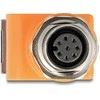 Delock M12 Adapteris A-kodiert 8 Pin Buchse zu RJ45 Buchse Cat.5e mit Befestigungsloch 90° gewinkelt oranžinis