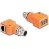 Delock M12 Adapteris A-kodiert 8 Pin Stecker zu RJ45 Buchse Cat.5e mit Befestigungsloch 90° gewinkelt oranžinis