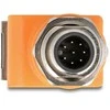 Delock M12 Adapteris A-kodiert 8 Pin Stecker zu RJ45 Buchse Cat.5e mit Befestigungsloch 90° gewinkelt oranžinis