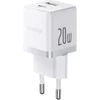 Baseus Sieninis įkroviklis Palm 20W USB + USB-C QC3.0 PD3.0 su USB-C kabeliu 1m, baltas