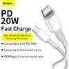 „Baseus“ didelio tankio pintas greito įkrovimo duomenų kabelis Type-C iki Lightning PD 20W 2m Baltas (Baltas)