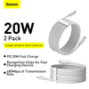 Baseus Simple Wisdom duomenų kabelio komplektas iš USB-C į Lightning PD 20W (2 Vnt), 1.5 m baltos spalvos