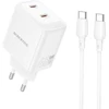 Borofone kelioninis įkroviklis BN31 Cargador GaN – 2xType C – QC 3.0 PD 45W with Type C to Type C cable baltos spalvos