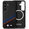 Original dėklas BMW Leather Tricolor Crossing Stripes MagSafe skirtas Samsung Galaxy S25 juodos spalvos