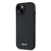 DKNY PU Leather Sidabrinis Metal Logo Magsafe dėklas telefonui Apple iPhone 15 juodos spalvos