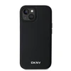 DKNY PU Leather Sidabrinis Metal Logo Magsafe dėklas telefonui Apple iPhone 13 juodos spalvos