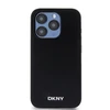 DKNY PU Leather Sidabrinis Metal Logo Magsafe dėklas telefonui Apple iPhone 15 Pro juodos spalvos
