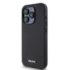 DKNY PU Leather Sidabrinis Metal Logo Magsafe dėklas telefonui Apple iPhone 15 Pro Max juodos spalvos