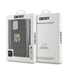 DKNY PU Leather Stack Logo Wrist Strap dėklas telefonui Apple iPhone 14 Pro rudos spalvos