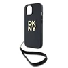 DKNY PU Leather Stack Logo Wrist Strap dėklas telefonui Apple iPhone 13 juodos spalvos