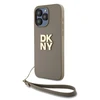 DKNY PU Leather Stack Logo Wrist Strap dėklas telefonui Apple iPhone 14 Pro Max rusvai gelsvas