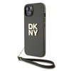 DKNY PU Leather Stack Logo Wrist Strap dėklas telefonui Apple iPhone 13 rudos spalvos