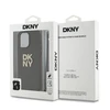 DKNY PU Leather Stack Logo Wrist Strap dėklas telefonui Apple iPhone 15 Pro Max rudos spalvos