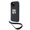 DKNY PU Leather Stack Logo Wrist Strap dėklas telefonui Apple iPhone 13 juodos spalvos