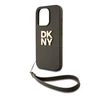 DKNY PU Leather Stack Logo Wrist Strap dėklas telefonui Apple iPhone 14 Pro rudos spalvos