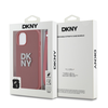 DKNY PU Leather Stack Logo Wrist Strap dėklas telefonui Apple iPhone 15 raudonos spalvos