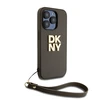 DKNY PU Leather Stack Logo Wrist Strap dėklas telefonui Apple iPhone 14 Pro rudos spalvos