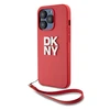 DKNY PU Leather Stack Logo Wrist Strap dėklas telefonui Apple iPhone 14 Pro raudonos spalvos