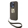 DKNY PU Leather Stack Logo Wrist Strap dėklas telefonui Apple iPhone 15 Pro Max rudos spalvos